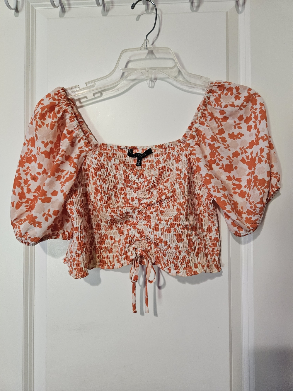 19 Cooper Orange and White Floral Smocked Puff-Sleeve Crop Top